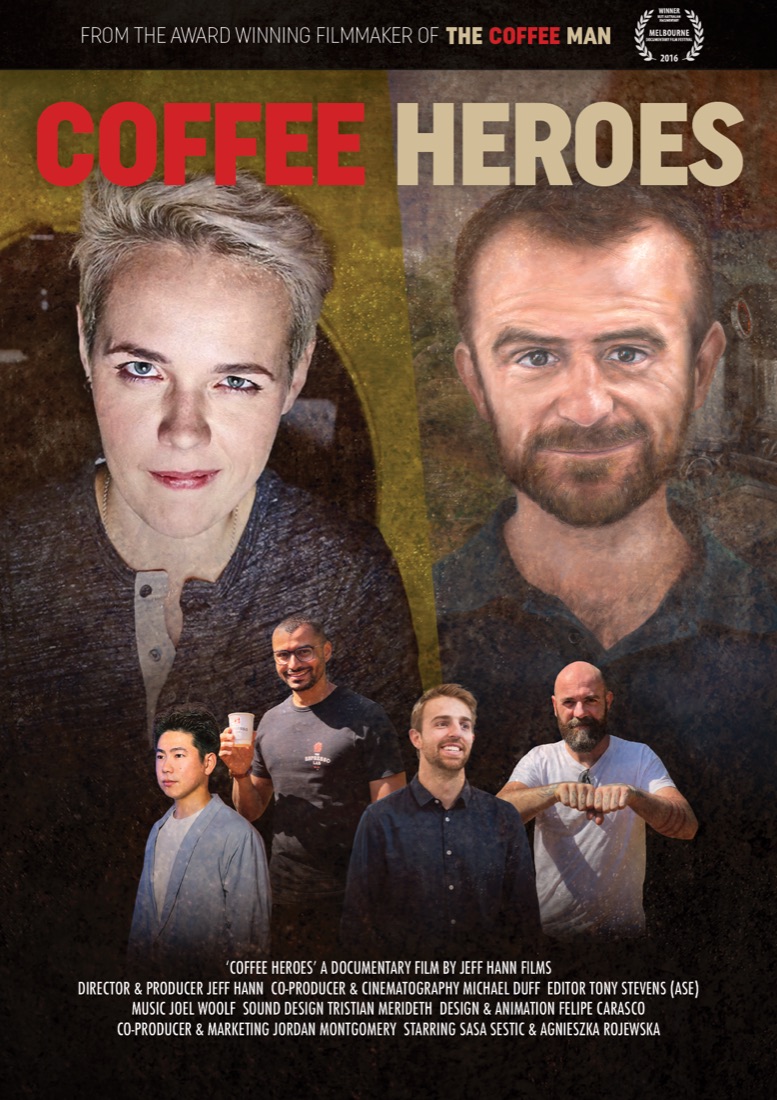 Coffee Heroes poster: painted portraits of Agnieszka Rojewska and Sasa Sestic above five coffee professionals